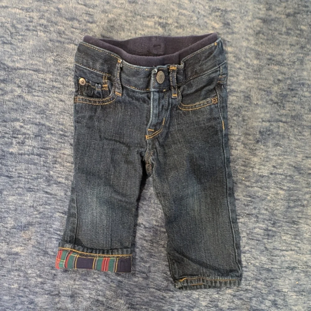 GAP 6-9M Plaid Shirt, Dinosaur Onesie, and Denim Jeans Set